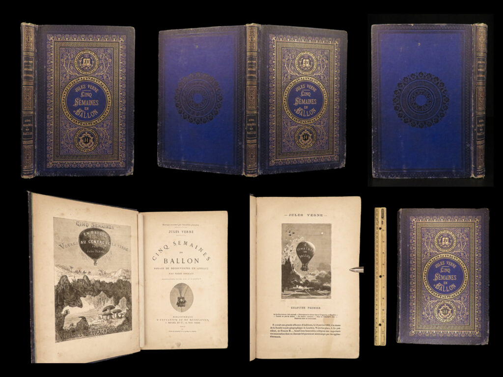 1876 jules verne five weeks in balloon voyages illustrated 80 days hetzel ed |   <em>“reality provides us with facts so romantic that imagination itself could add nothing to them. ” </em> <em>― </em>jules verne <em> </em> jules verne’s adventure novels are some of the most popular and famous works of literature of all time. Known mostly for his works of science fiction, ‘<em>voyages extraordinaires’</em> was verne’s largest collection of fantasy novels and stories. ‘<em>around the world in 80 days’</em> perhaps verne’s most famous work of all was developed almost directly from verne’s early work entitled ‘<em>five weeks in a balloon’</em> – the work that first brought verne his popularity.   ‘<em>five weeks’</em> gives glimpses of what it would be like to explore in africa, which was a highly foreign concept to european explorers at the time. <em> </em> <em>note on dating</em>: like many other verne first editions, the title page included was issued in each edition, including later printings. The dating comes from the ads in the back of the book – note the ads in this volume advertise for the releases in the 1876-1877 print year.  