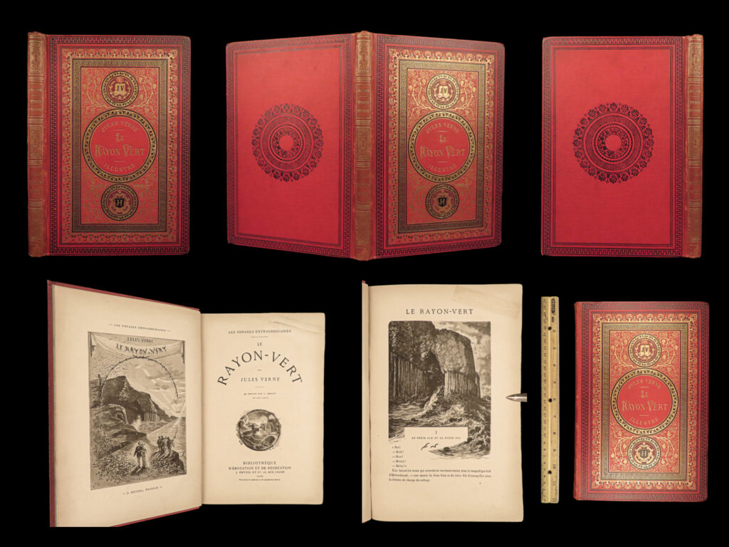 1882 jules verne 1st ed green ray le rayon vert extraordinary voyages hetzel ed | <em>“reality provides us with facts so romantic that imagination itself could add nothing to them. ” </em> <em>― </em>jules verne <em> </em> jules verne’s adventure novels are some of the most popular and famous works of literature of all time. Known mostly for his works of science fiction, ‘<em>voyages extraordinaires’</em> was verne’s largest collection of fantasy novels and stories. One of the lesser known works from the series was ‘<em>le rayon-very’, </em>or<em> ‘the green ray’</em>. Verne was familiar with the naturally occurring ‘green flash’ phenomenon and wrote a story of scientists in search for the fascinating green flashes. <em> </em> <em>note on dating</em>: like many other verne first editions, the title page included was issued in each edition, including later printings. The dating comes from the ads in the back of the book – note the ads in this volume advertise for the releases in the 1883 print year.  
