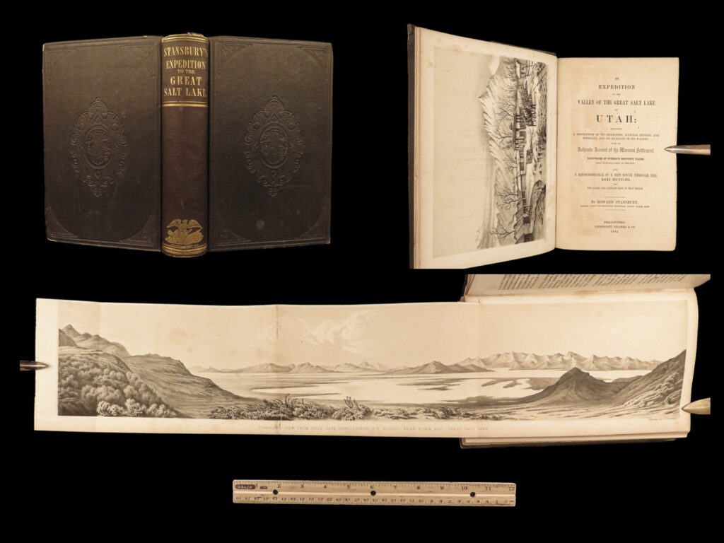 1852 utah 1ed expedition valley great salt lake mormon geography overland trail | “<em>an expedition to the valley of the great salt lake of utah</em>” is a comprehensive report by howard stansbury detailing his two-year survey expedition of the great salt lake in utah, starting in 1849. Ordered by fort leavenworth, kansas, the mission was to evaluate emigration trails, scout possible locations for a transcontinental railroad, and study the region’s geography, natural history, and mineral composition. Despite initial challenges, stansbury’s team made significant explorations and collected extensive scientific data, even discovering a more direct route through the rocky mountains. The expedition also described the mormon community’s domestic relations. The report emphasized the region’s hidden agricultural and mineral wealth, suggesting its potential for future development.