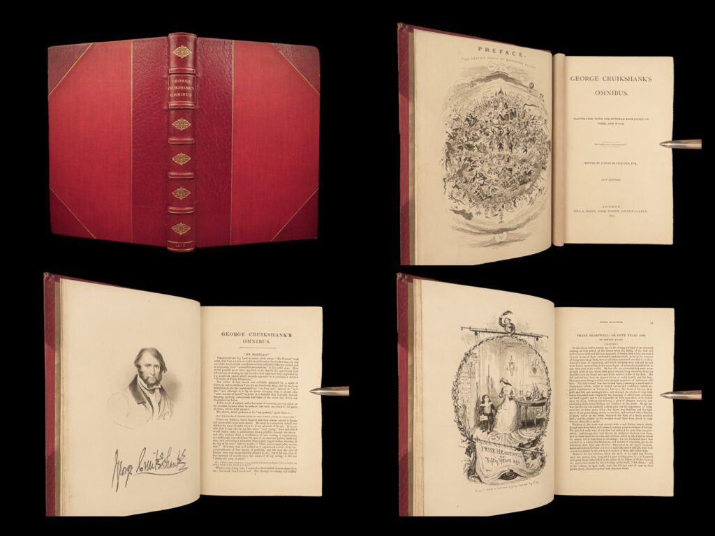 1870 omnibus by george cruikshank comic english essays & art engravings binding | george cruikshank was one of england’s best and most notable 19<sup>th</sup>-century caricaturists and book illustrators. In 1841, cruikshank sought an outlet for his art that he had complete control over – no publisher or editor control. The result was the ‘<em>omnibus’</em> in 1842. This ‘<em>omnibus’</em> contained numerous comedic articles, essays, and even short stories with dozens of woodcuts and steel engravings of the famed cruikshank art.   this 1870 edition was edited by laman blanchard with <strong>one hundred engravings on steel and wood. </strong>  