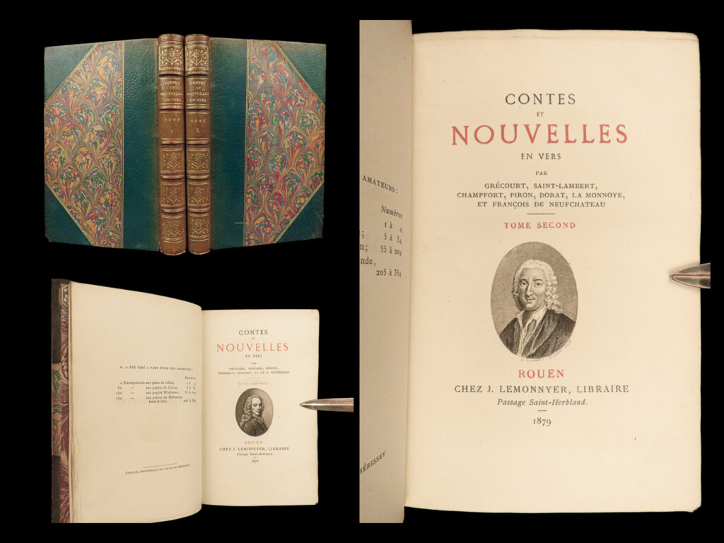 1878 stunning contes et nouvelles famous voltaire perrault fables fairy tales | “<em>contes et nouvelles en vers</em>” is a rare, 19<sup>th</sup>-century collection of classic poetry beautifully bound in decorative, marbled green leather. This 1878 two-volume set contains works from iconic poets including voltaire, seneca, and perrault.