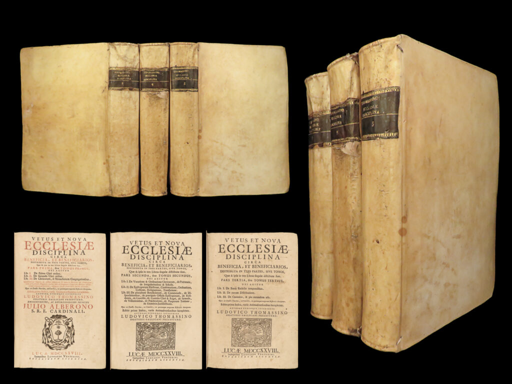 1728 huge vellum folios 3v set thomassin disciplines of catholic church lucca | louis thomassin was a 17<sup>th</sup>-century french theologian best-known for his book “<em>old and new disciplines of the church</em>”. First published in 1678, this work offers instruction on the expected disciplines of church clergy including cardinals, bishops, and other preachers. This work, still, is considered one of the best works on benefices of the catholic church.   this enormous three volume set was published in lucca, italy – a city certainly not known for its 18<sup>th</sup>-century publishing. Still, this impressive 1728 set is highly desirable and impressive set. This particular edition is notable for including the entirety of caesarius maria shguanin’s essay, ‘<em>tractatus beneficiarius’</em>.