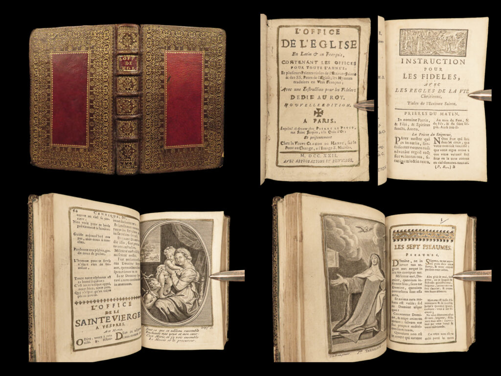 1722 beautiful catholic church divine office liturgy latin prayer bible psalms | a rare 18<sup>th</sup>-century catholic church breviary. This small book contains prayers (mass ordinary prayers and other daily prayers), liturgy of hours, psalms and scripture verses, hymns and orations,  and much more. Published in 1722, this book is bound in beautiful, decorative moroccan leather, printed in latin and french in parallel columns.