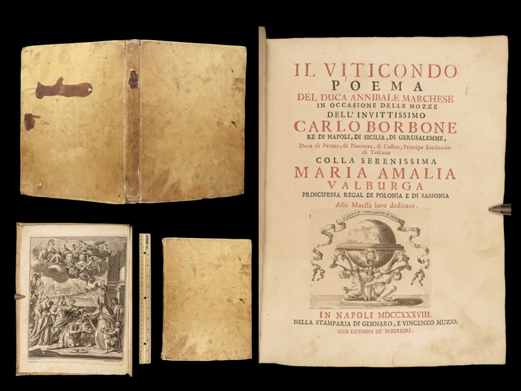 1738 wedding charles iii 1ed il viticondo marchese spain naples sicily bourbon | annibale marchese’s “<em>il viticondo</em>” is a rare 18<sup>th</sup>-century italian poem written for the wedding of charles iii king of spain to maria amalia of saxony. The marriage allowed charles iii to become king of naples and maria amalia the queen of spain, naples, and sicily. Marchese’s poem was popular throughout europe and became an icon for celebrating the union of the house of bourbon and saxony. <strong>this 1738 first edition was published in conjunction with the wedding and is considerably rare with no other examples found for sale worldwide! </strong>