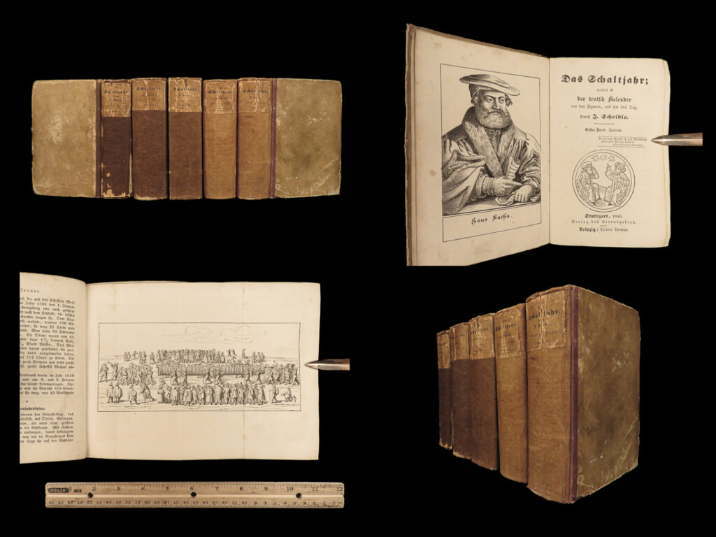 1846 german occult 1ed magic ghost demons witches 5v set das schaltjahr scheible | <em>‘das schaltjahr’</em> or ‘<em>the leap year’</em>, is a 19<sup>th</sup>-century collection of tales and stories compiled by johann scheible. This german magazine was published in the style of a monthly calendar filled with satirical articles, jokes, humorous essays, and funny cartoon-like illustrations many of which portray dreams and ghosts, drinking and smoking, witches and devils, dress and costume, and many other aspects of traditional german culture and folklore!