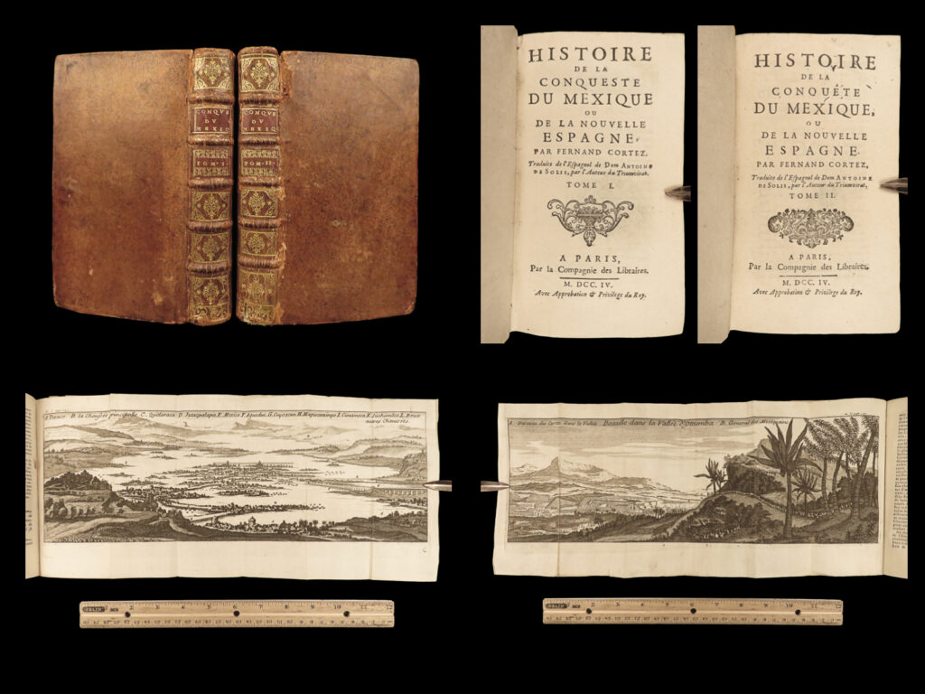 1704 spanish conquest of mexico solis aztec hernan cortes montezuma cortez maps |   <em>“the fleet was destroyed at the instance of the soldiers, that cortes alone might not be obliged to make good the payment of the ships, but the troops. ”</em> – solis, <em>history </em>(townshend translation, 1770) <em> </em> a famous book on spanish conquests – one of the most important european sources on latin american history. Antonio de solis’s “<em>historia de la conquista de mexico</em>” was extremely popular in both europe and in the americas and was known by important colonial figures in latin and european colonies. It deals, mainly, with hernando cortez and his command of invading forces of moctezuma ii and the aztecs. Specific interactions include: <ul> <li>cortez sailing from trinidad to havana, difficulties in voyages</li> <li>cortez at cozumel, organizing his troops</li> <li>aztec opposition at the river of grijalva</li> <li>spanish attempts to make peace with cazique of tobasco</li> <li>accounts of moctezuma’s army and troop sizes</li> <li>the zempoalans, people of zimpazingo</li> <li>conversion of aztec temples into catholic churches</li> <li>account of hernando cortez executing resolution to sink his ships</li> <li>manner of aztec government</li> <li>prisoners and tortures</li> <li>mexican culture – festivals, marriages, rites and customs</li> <li>death of cortez</li> </ul>   this 1704 french edition of solis’s famous work is beautifully illustrated with portraits and scenes of battle!
