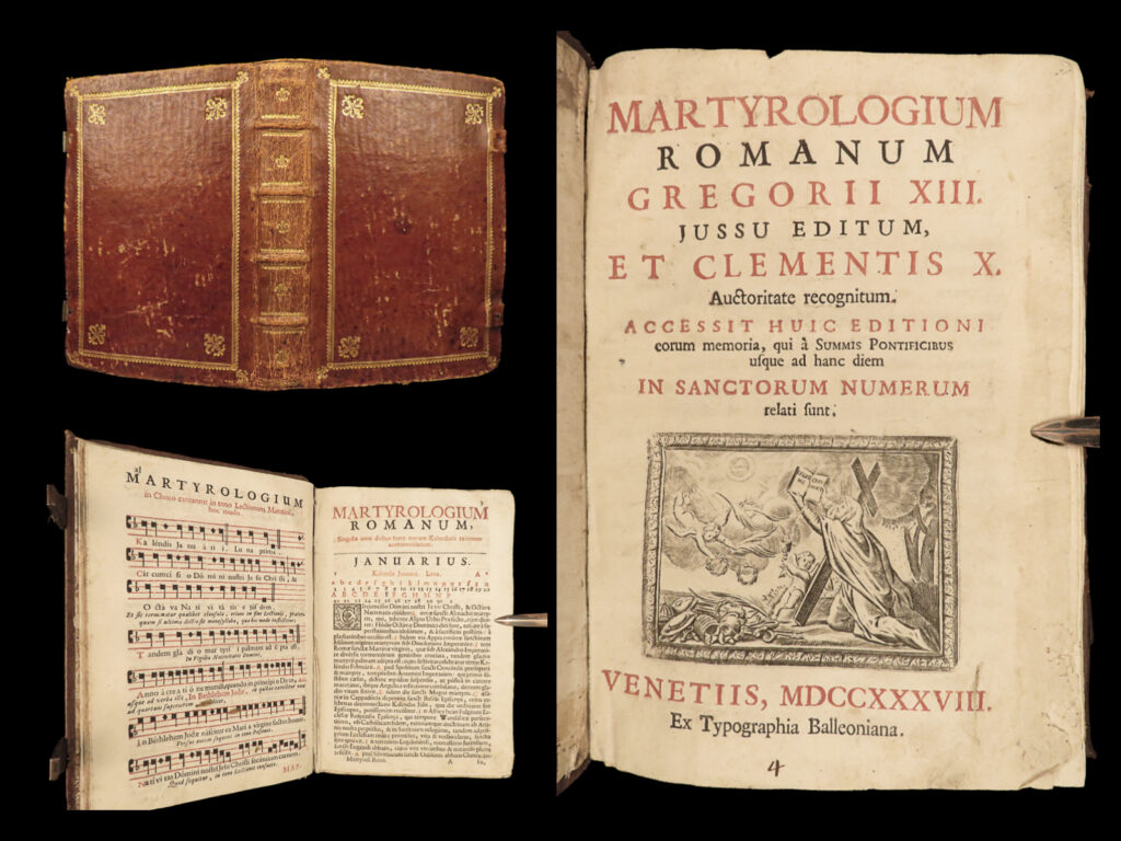 1738 martyrologium romanum pope gregory xiii catholic breviary bible martyrs | pope gregory xiii was a 16<sup>th</sup>-century catholic pope known primarily for his role in the development of the gregorian calendar. He also is responsible for a number of catholic liturgical studies including ‘<em>martyrologium’</em>. This catholic breviary is filled with hymns, prayers, chants, and studies of venerated martyrs and saints all organized in a daily/monthly calendar study.