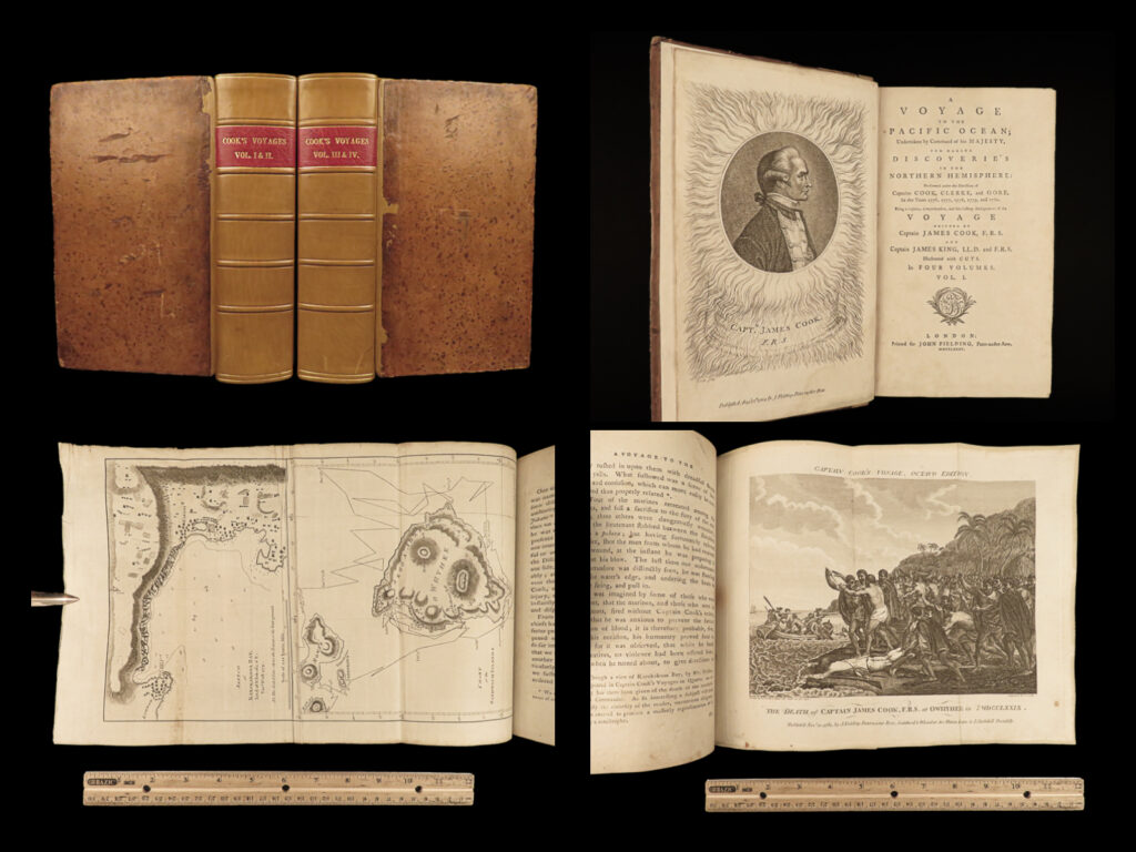 1785 james cook pacific voyage illustrated eskimos hawaii tahiti human sacrifice | <em>“remember, the greater the opportunity, the fewer are those who see it. ”</em> <em> </em>– james cook <em> </em> james cook was an 18<sup>th</sup>-century british explorer known for these three major world voyages. The third pacific voyage, which began in 1776, took cook and his crew around new zealand and hawaii. On this trip, cook became well acquainted with the king of hawaii, kalani-opu’u. After spending time in the south pacific, cook also took his ship northward to the aleutian islands reaching to the arctic circle. Cook eventually died upon his return to hawaii, after angering the king of hawaii.   the events of this voyage became quite popular in the western world, much in part to the narrative that cook himself wrote concerning the journey.   this 1785 edition of the third voyage was stunningly bound with all four volumes bound in two impressive tomes. In it, authors describe cook’s experiences in the arctic circle and the pacific ocean and his voyage around the cape of good hope – includes views of sled dogs, a polar bear, and native eskimos, local tribes from pacific islands, and even the highly controversial “human sacrifice in a morai in otaheite” engraving!