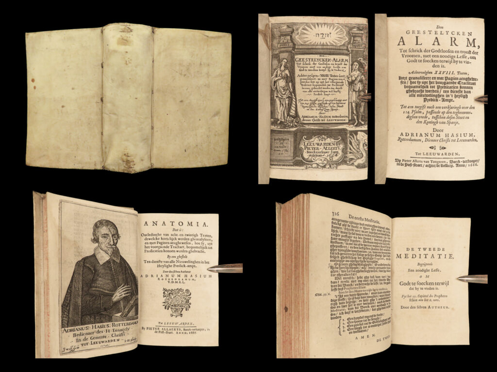 1666 dutch netherlands bible geestelycken alarm heaven hell angels demons hasius | adrian hasius’s “<em>den geestelycken alarm</em>” is a rare 17<sup>th</sup>-century dutch devotional and meditation book focused on dealing with eternal life and death. It features numerous scripture passages, prayers and hymns, and poems by viglius cornelius, paulus mensonius, and gerhard radys.  