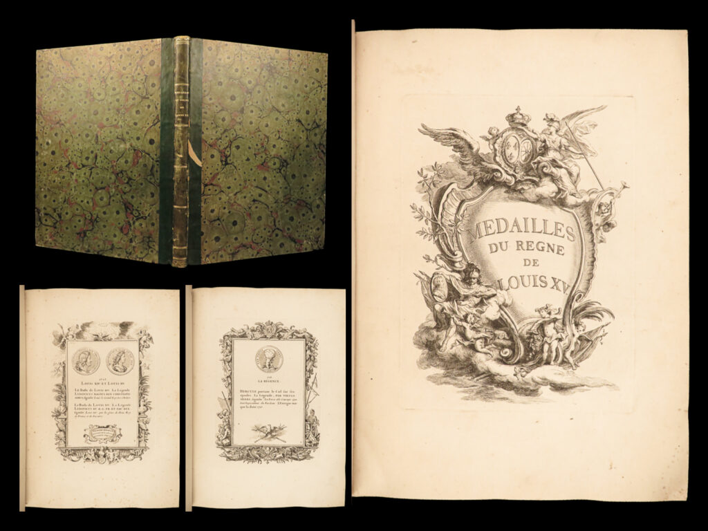 1736 folio medals & coins of king louis xv france numismatics fleurimont art | a stunning folio printing of “<em>medals of the reign of louis xv</em>”. Published in 1730s paris, this impressive work is a collection of 54 separate engravings depicting coins and medals commemorating king louis xv of france. Each of the engravings includes a description in a lavish border describing the coin and its purpose. Each of these works of art was done by fleurimont and was, according to sarmant, a continuation of the medals on the events of the reign of louis xiv.   this work is known to be highly valuable and considerably rare!  