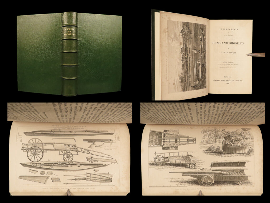 1844 sportsmen instructions guns shooting hawker game beautiful leather binding | “<em>instructions to young sportsmen in all that relates to guns and shooting</em>” by lieut. Col. Peter hawker serves as an essential guide for the 19<sup>th</sup>-century novice in the realm of shooting and game pursuit. Originally penned in 1814 for a close circle of hawker’s sporting companions, the book focuses on practical insights drawn from years of the author’s hands-on experiences. Hawker prioritizes conveying the intricacies of approaching wild birds, a topic he believed was less commonly addressed. Moreover, he delves into the specifics of guns and other related subjects, strictly relying on his own experiments and findings rather than leaning on other publications. The work stands out for its authentic content, shunning embellishments or borrowed anecdotes. Written in a direct, conversational tone, hawker hoped to impart invaluable knowledge to his readers while seeking understanding for any perceived stylistic shortcomings.
