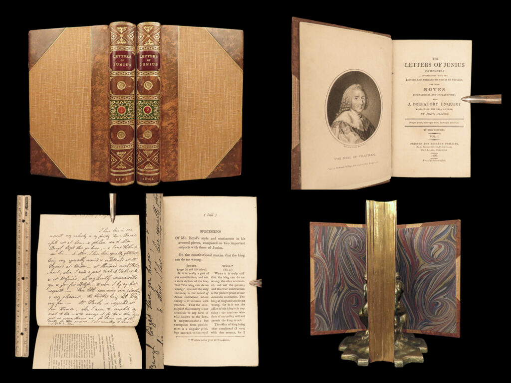 1806 constitution letters of junius newspaper laws government americana 2v set | junius was the pseudonym of a writer who contributed a series of letters to the public advertiser, a london newspaper, from 1769 to 1772. The ‘<em>letters of junius’</em> composed of 68 letters between the ‘public advertiser,’ philo junius, sir william draper, and mr. Horne. It was <u>written to notify the public of their historical and constitutional rights</u> and describe how the government had disregarded those rights. This 1806 edition was published by phillips and adlard in london, beautifully bound!