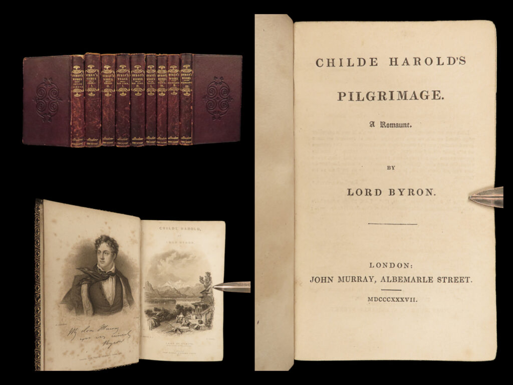 1837 lord byron english poems illustrated art beppo don juan childe harold 9v | george gordon byron, more commonly known as lord byron, was an english poet and a prominent figure in the romantic movement. He has always been regarded as one of britain’s greatest poets. This fine 19<sup>th</sup>-century edition of the works of byron is beautifully-bound in nine-volumes, published by john murray in london. It features some of his most famous works including “<em>childe harold’s pilgrimage</em>” and “<em>don juan</em>”.