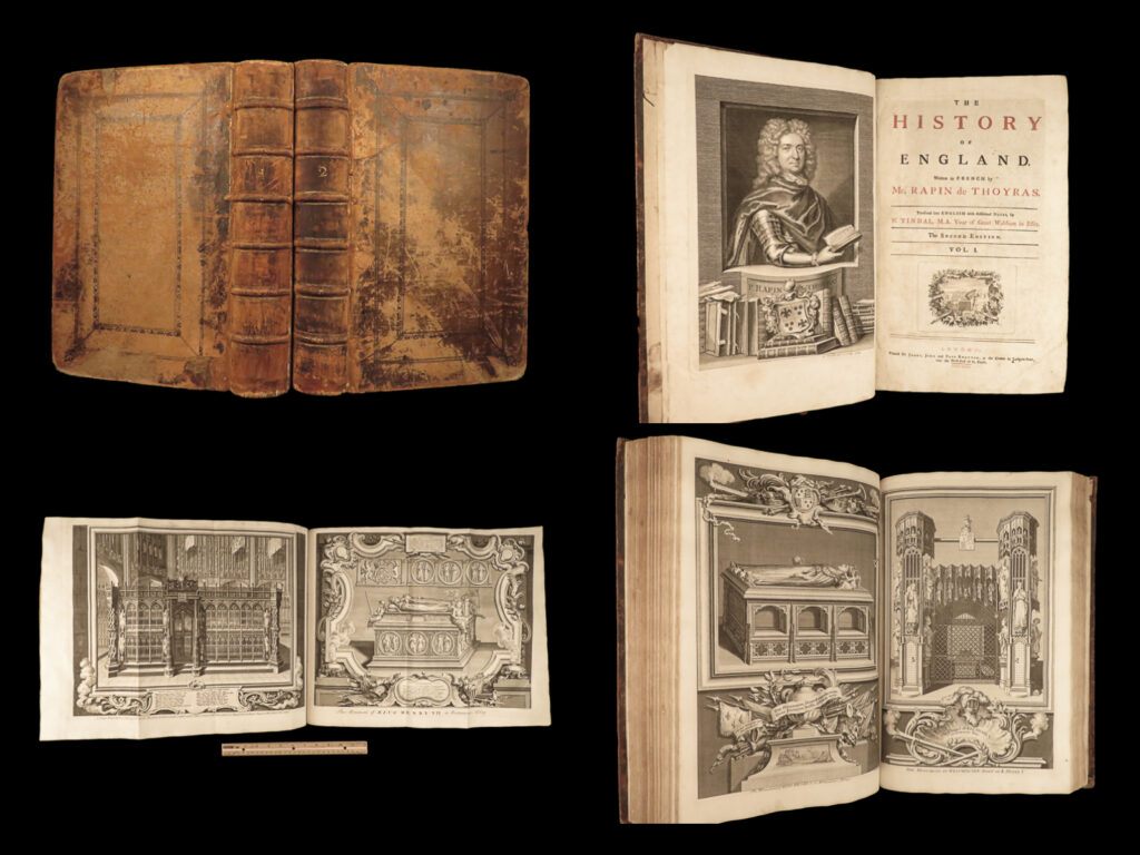 1732 rapin de thoyras history of england norman conquest elizabeth huge maps 2v | paul de rapin, more commonly known as thoyras, was a 17<sup>th</sup>-century french huguenot historian who is primarily remembered for his ‘<em>history of england’</em>. First published in 1724, ‘<em>histoire d’angleterre’</em> begins with the ancient britons and the norman conquest, william the conqueror, through the reigns of elizabeth i, charles i, king james ii, and finally william and mary.   while the early french editions of thoyras’s “<em>england</em>” are quite popular, none are as desirable as this 1732 tindal english edition. This enormous, two-volume edition is complete with full-page engravings and folding maps including the highly coveted double-page map of great britain and ireland! Other illustrations include portraits of english kings and queens, monuments and graves, and an impressive folding map of france!   it should be noted that tindal’s english translation was, according to the odnb, “an important contributor to the remarkable success of rapin's history. His footnotes added extra topical detail and recounted well-known legends about english history. ”