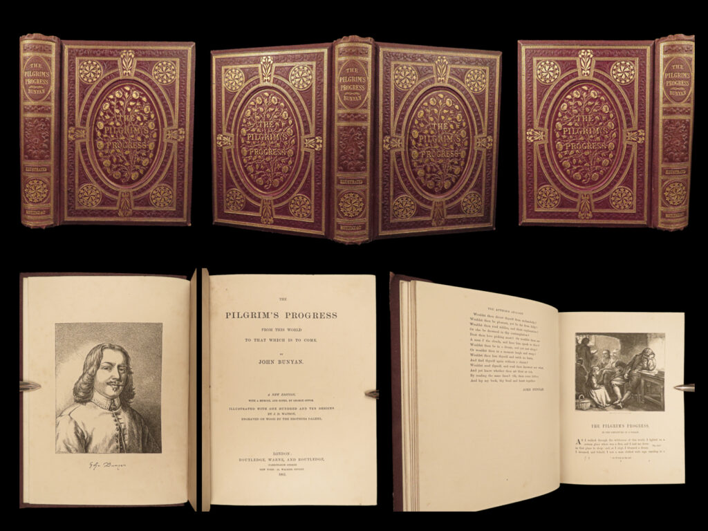 1861 john bunyan pilgrim’s progress illustrated demons puritan memoir bible art | <em>“what god says is best, is best, though all the men in the world are against it. ”</em> ― john bunyan,<em> the pilgrims progress </em> <em> </em> john bunyan’s “<em>the pilgrim’s progress</em>” is one of the most important theological works ever written. Thought to be first printed in 1678, bunyan began writing this story while in prison. It is known that while bunyan was in prison, his only companions were the bible and foxe’s “<em>book of martyrs</em>” – thus, the two literary giants in his jail cell certainly influenced the writing of “<em>pilgrim’s progress</em>. ” a quaker, by the name of granger, visited bunyan in prison and says of him: “bunyan, who had been mentioned among the least and lowest of our writers, and even ridiculed as a driveller by those who had never read him, deserves a much higher rank than is commonly imagined. His ‘<strong><u>pilgrim’s progress’ gives us a clear and distinct idea of calvinistic divinity</u></strong>. ”   this routledge edition includes a memoir of john bunyan by george offor and 110 illustrations by j. D. Watson engraved on wood by the brothers dalziel.