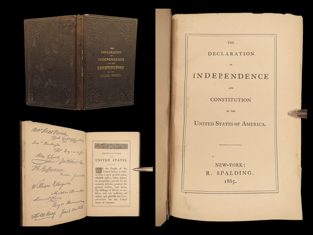 1865 slavery 13th amendment declaration of independence us constitution civil war | a rare 1864 printing of the united states constitution and declaration of independence. This printing of the most important american documents was compiled and published by r. Spalding. The text of each page was printed within a decorative double-line square border – a printing style not common amongst american documents. <strong>this edition was the first issue of the constitution to include the 13<sup>th</sup>-amendment on slavery. </strong>