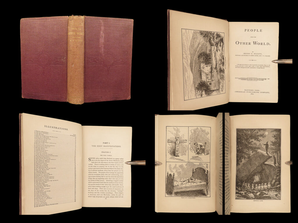 1875 occult 1ed other world people olcott ghosts mysteries witch trials spirits | henry olcott’s “<em>people from the other world</em>” is a rare, 19<sup>th</sup>-century survey of the occult, the spiritual world, and reactions to witchcraft! First published in 1875, this book describes numerous accounts and stories of wonders and mysteries, trials of mediums, magnetism and mesmerism, spiritualism, encounters of spirits and demons, mind-reading, sailor ghosts, apparition manifestations among mormon and shaker gatherings, and even a history of the salem witch trials!