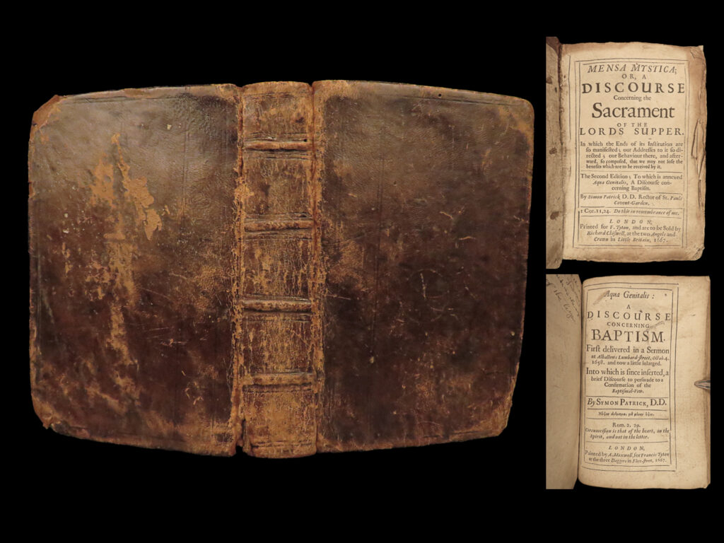 1667 english simon patrick mensa mystica eucharist baptism aqua genitalis 2in1 | simon patrick was a 17<sup>th</sup>-century english bishop known for his anti-catholic tracts and protestant political affiliation. In his most famous book, ‘<em>mensa mystica’</em>, patrick covers various aspects of catholicism that he staunchly disagrees with, most notably the sacraments of the eucharist. This 1667 edition of ‘<em>mystica’</em> was published alongside patrick’s attack on catholic baptism – ‘<em>aqua genitalis</em>’.