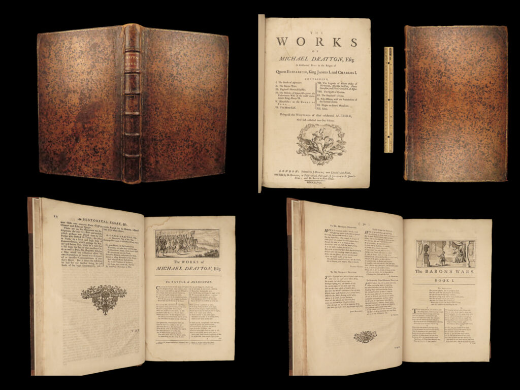 1748 michael drayton folio elizabethan english poetry england wales algincourt | michael drayton was a 16<sup>th</sup>-century english poet known for being one of the most popular poets of elizabethan england. In 1748, over a hundred years after his death, the works of drayton were published by hughs in an impressive folio. This book features his historical poems such as ‘<em>battle of agincourt’</em>, and ‘<em>miseries of queen margare</em>t’, as well as his lyrical works such as <em>‘polyolbion’, ‘the moon calf’, </em>and ‘<em>the quest of cynthia’</em>.