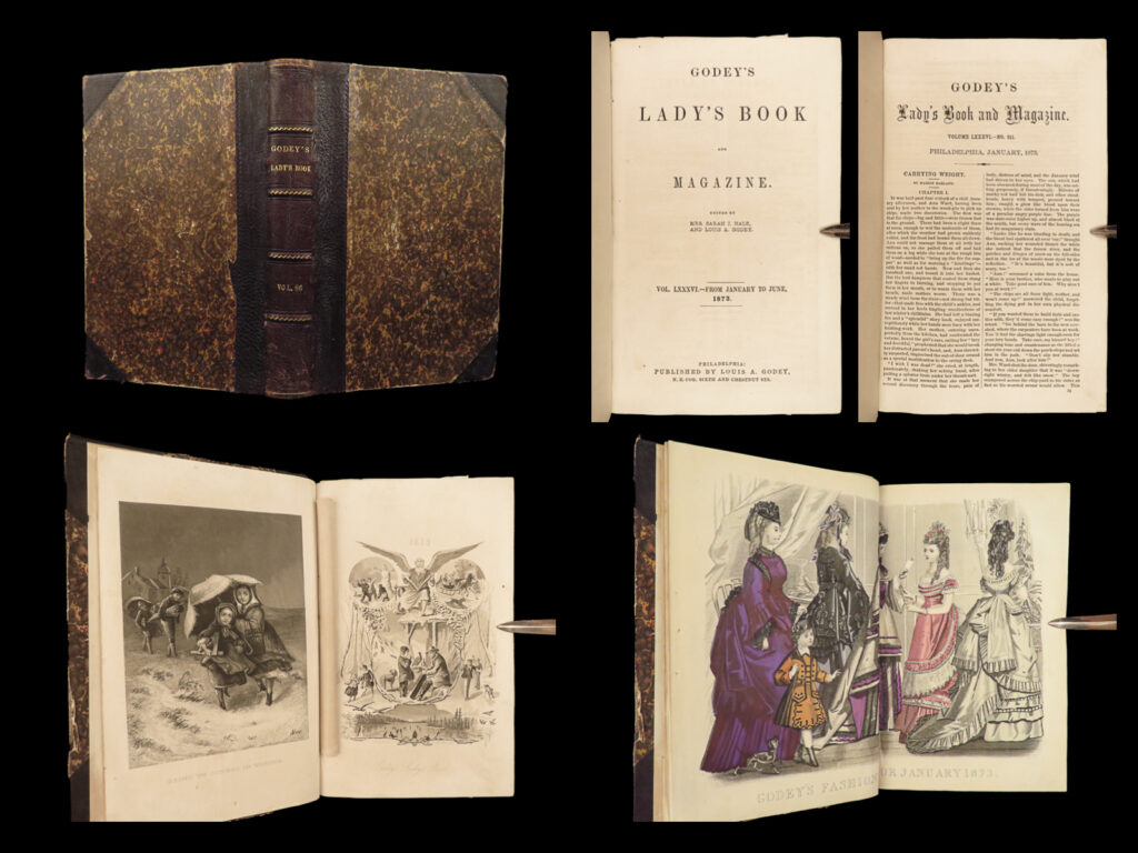 1873 fashion godey lady’s book american magazine illustrated dress costume music |   ‘<em>godey’s lady’s book’ </em>was a 19<sup>th</sup>-century american magazine known for its collection of poetry, illustrations, and articles by prominent female authors and artists. It addressed fashion trends, women’s dress, and directions on how to make dresses and garments. This 1873 volume supplies an excellent view into the styles and fashion of the mid-19<sup>th</sup>-century. Note the full-page and folding engravings throughout.   ‘<em>godey’s lady’s book’ </em>was also a source of popular literature at the time; many volumes featured the work of prominent authors and poets, with names such as timothy shay arthur, william alexander, oliver wendell holmes, washington irving, and edgar allan poe making appearances!