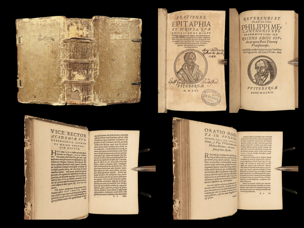 1561 philipp melanchthon 1ed epitaphs on death luther wittenberg reformation | <em>“but faith is not belief in the history of christ, as the godless think, but belief in the purpose of christ’s incarnation, crucifixion, and resurrection. ”</em> ― philipp melanchthon<em>, loci communes</em>   philipp melanchthon was a 16<sup>th</sup>-century protestant theologian known for his role in the protestant reformation. His book ‘<em>loci theologici’</em>, or more simply a system of theology, was a treatise many church reformers produced. Throughout the mid-1500s, numerous other theologians wrote and lectured on melanchthon’s ‘<em>loci’</em> and provided commentary on his life and work, especially following his death in 1560. One such work was “<em>orationes epitaphia et scripta</em>” – a collection of writings, speeches, letters, and epitaphs on the death of melanchthon. This 1561 first edition provides first-hand accounts of melanchthon’s last days as well as the impact his ministry had on lutheranism and protestantism in europe.