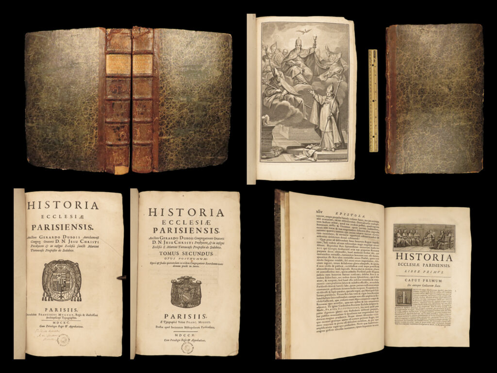 1690 paris church history france saint fursey & landry clovis huge 2v folios | gerard dubois’s “historia ecclesiae parisiensis” is a rare 17<sup>th</sup>-century history of the church and catholicism in france. Dubois was a presbyter at the basilica of saint martin in tours. Dubois offers descriptions of cathedral buildings, crypts and church prisons, as well as the functions of the church throughout history. This work also describes notable saints from france including saint fursey, saint balthild, saint landry of paris, and the state of the church during the reign of clovis i.