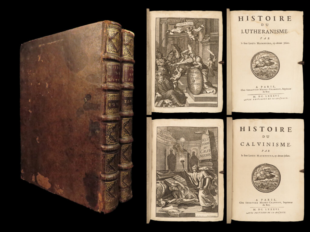1686 folios lutherans & calvinism maimbourg huguenot reformation luther calvin | louis maimbourg’s “<em>histoire du lutheranism</em>”. This first edition history of martin luther’s theology and lutheran doctrine summarizes calvinism and lutheranism in europe from the year 1520 through 1680. This book also presents events in the history of the protestant reformation in france and papal oppositions. Because of maimbourg’s defense of the gallican church liberties, the pope ordered him to leave the jesuit society.   this set also contains maimbourg’s “<em>history of calvinism</em>”. This work of the history of calvinism was received as major heresy among protestants. It summarizes calvinism and lutheranism in europe from the year 1520 through the edict of nantes in 1598 and presents events in the history of the protestant reformation in france and papal oppositions. Because of maimbourg’s defense of the gallican church liberties, the pope ordered him to leave the jesuit society.