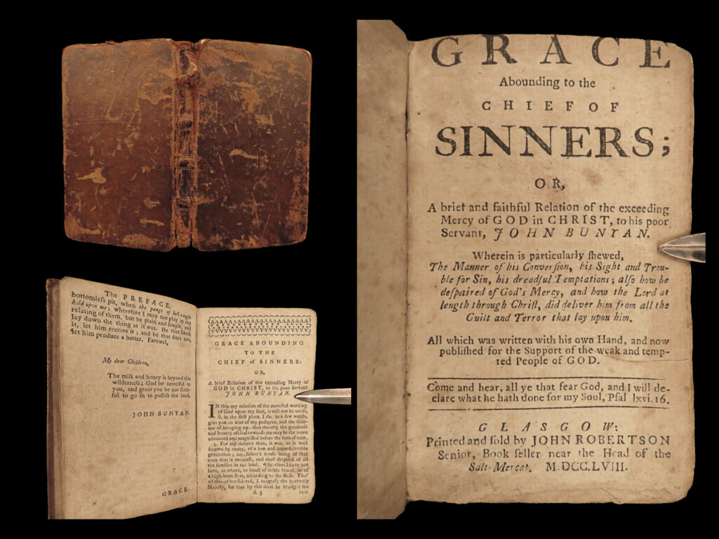 1758 john bunyan puritan grace abounding chief of sinners glasgow scotland bible | john bunyan was best-known for his masterpiece ‘<em>the pilgrim’s progress</em>’, one of the most important pieces of puritan literature. In addition to ‘<em>pilgrim’s progress’</em>, bunyan wrote a work entitled ‘<em>grace abounding to the chief of sinners</em>’. This book was written while bunyan was in prison and is a sort of autobiography of bunyan’s own spiritual life and journey.