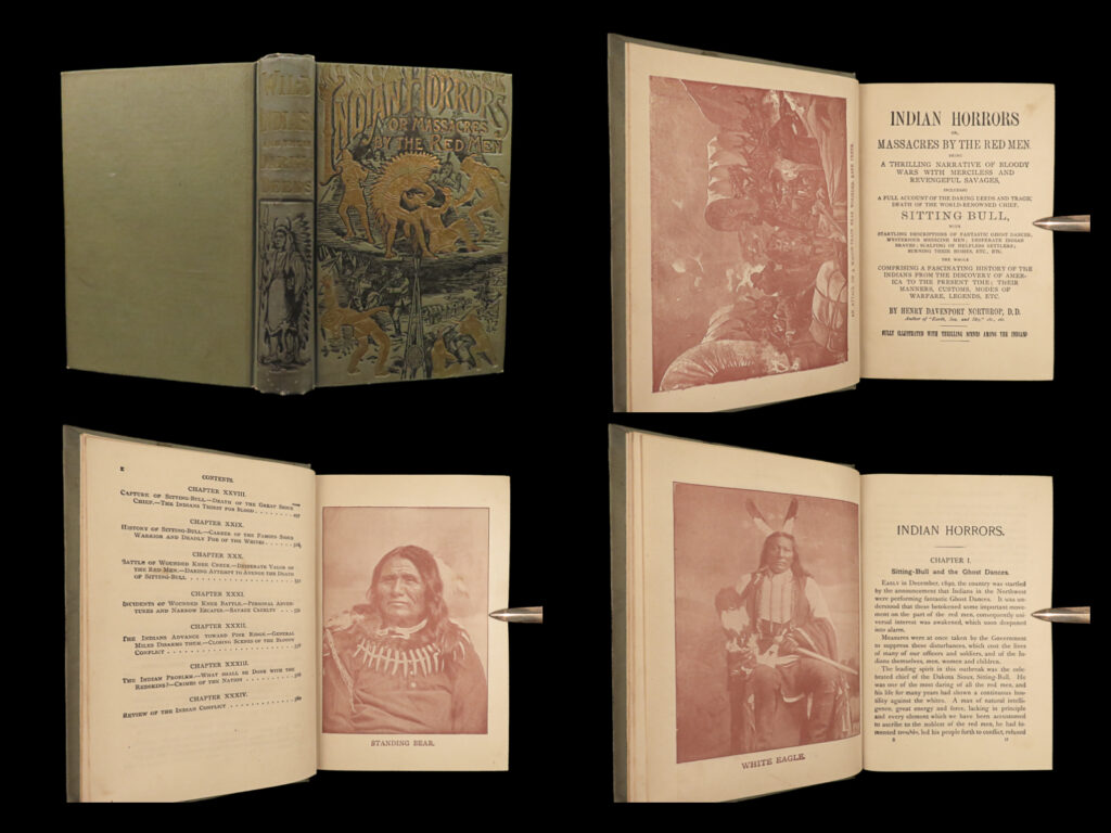 1891 indian horrors 1ed native american massacres sitting bull wounded knee wars | “<em>indian horrors, or, massacres by the red men</em>” by henry davenport northrop offers a depiction of conflicts between native american tribes and european settlers from the 17th to the 19th centuries. Published shortly after the wounded knee massacre, the book vividly details events like battles, tortures, and encounters with famed native american figures, notably chief sitting bull. The narrative emphasizes the idea of “civilizing” the native american tribes, reflecting a colonial mindset. Interspersed with illustrations, it provides a historical account through a fascinating yet heavily biased perspective, aiming to present the settlers as valiant heroes and the native americans as antagonists. The book seeks to be a comprehensive record, but its narrative tone is unmistakably in favor of the settlers.   northrop himself states: “this work embraces a full account of all the memorable indian wars in the united states, together with a record of terrible personal encounters with the red men, hairbreadth escapes, thrilling captures, and bloody massacres. ”