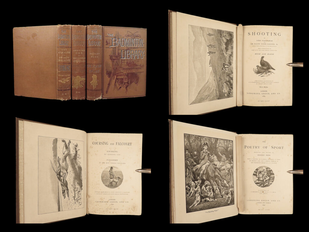 1889 hunting shooting guns sports & game hunt dogs falconry illustrated 3v set | ‘<em>the badminton library</em>’ was perhaps the most important 19th-century encyclopedia published with the intent of providing the english public with reading on sports and leisure, skill improvement, and general knowledge of their favorite pastimes.   this lot from the ‘<em>badminton library’</em> contains three books on hunting and shooting including “<em>coursing and falconry</em>” by cox and lascelles. These volumes feature fine illustrations depicting hunting scenes, hunting dogs, game birds and fowl, and even views of women shooting bows and arrows!
