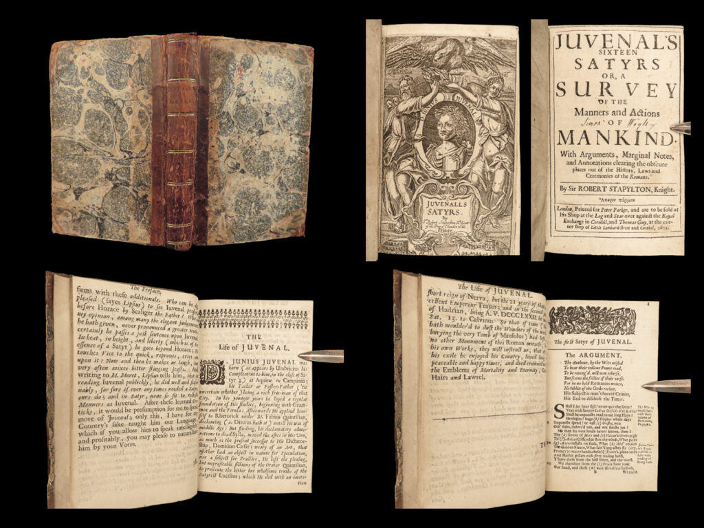 1673 juvenal satires stoic philosophy stapylton mythology rome rare english ed | <em>“many commit the same crime with a very different result. One bears a cross for his crime; another a crown. ” </em> ― juvenal, <em>the satires </em>   a rare 1673 english printing of ‘<em>the satires’</em> of juvenal. This collection of satirical poetry was written in the late 1<sup>st</sup> and 2<sup>nd</sup> centuries and discuss society, social norms, irony, each of these providing insight to the morals and values of roman life at the time. Juvenal outlines many of the concerns he has with roman citizens including unfaithfulness and greed; issues he recognized as downfalls to society. Many of the satires include references to greek and roman mythology.   a rare 1673 <strong><u>english edition</u></strong> of the works of juvenal – the sixteen satires.