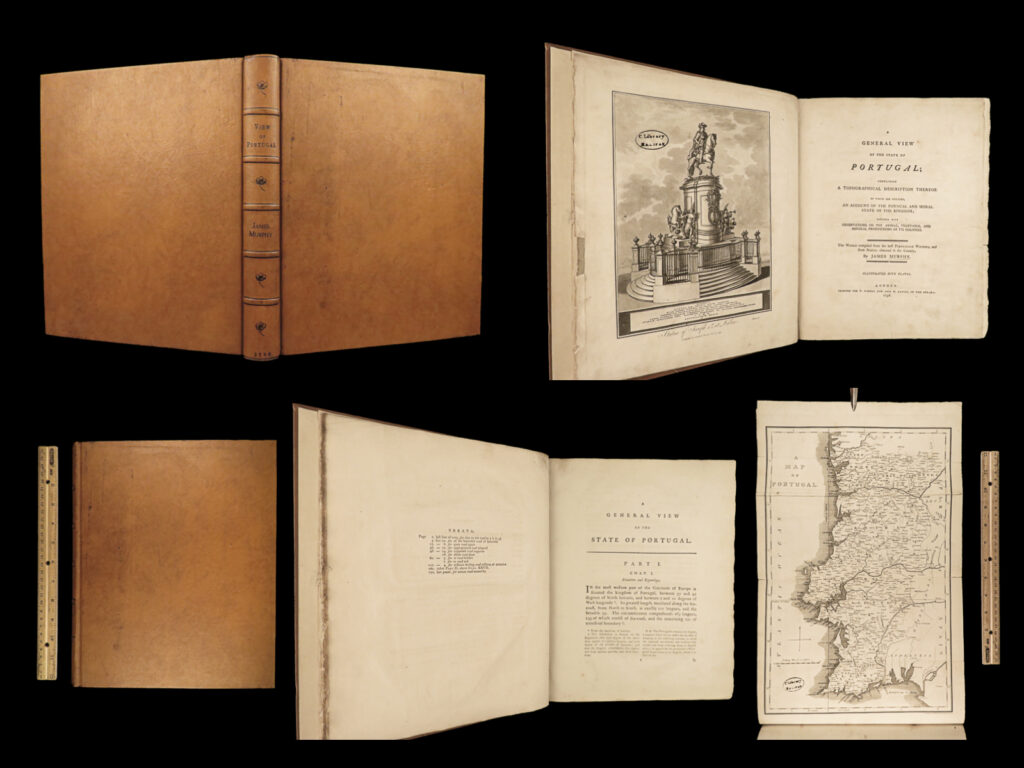 1798 portugal 1ed english james murphy geography rare portuguese voyages map | james murphy’s ‘<em>general view of portugal’</em> is a late-18<sup>th</sup>-century collection of chapters describing the history of the kingdom of portugal.   according to smollett in his ‘<em>critical review’</em>, on murphy’s “<em>general view of the state of portugal</em>”, “mr. Murphy was not content with publishing the memoranda of his tour in portugal, but was eager to undertake the task of comping, from the works of [portuguese] natives, a more faithful and complete account of that kingdom that the english had before seen in their language. ”   murphy includes descriptions of the people and tribal groups, topographical and geographical information, mining and gold extraction, agricultural implications, government and legal proceedings, as well as portuguese philosophy and astronomy.