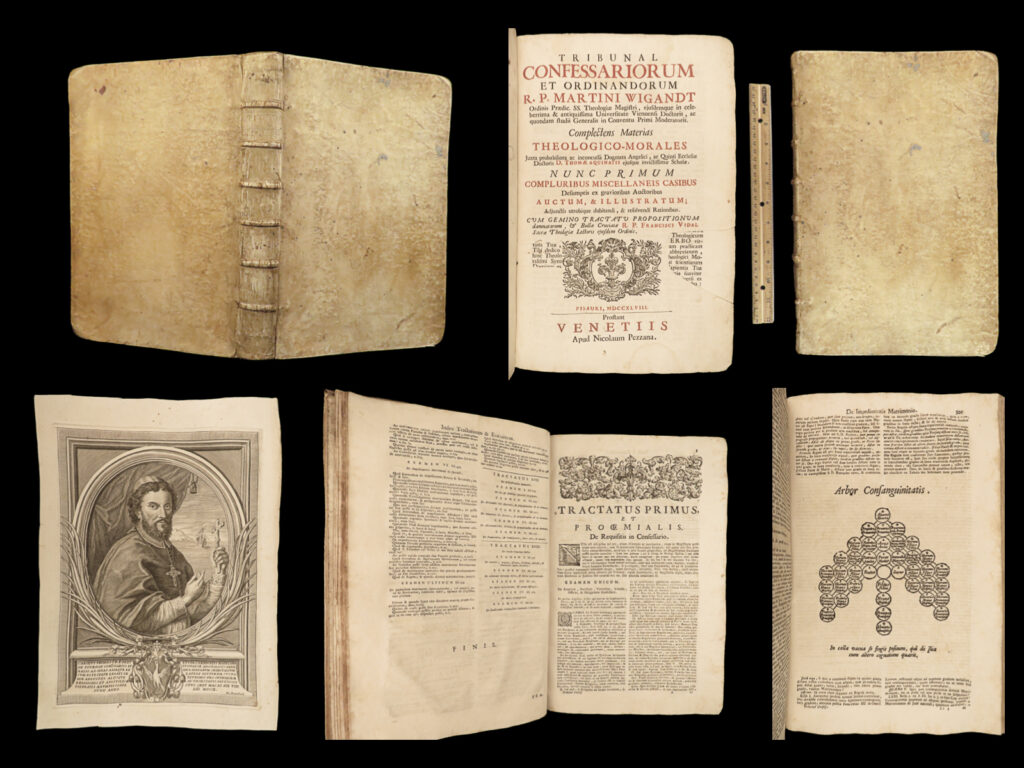 1748 wigandt tribunal confessariorum aquinas catholic pesaro italy vellum folio | <u>an impressive 18<sup>th</sup>-century vellum folio! </u> <em> </em> martin wigandt was a 17<sup>th</sup>-century catholic philosopher best-known for his book ‘<em>tribunal confessariorum et ordinandorum’</em>. This book was a compendium of wigandt’s studies into moral theology and thomism (study in the work and theology of thomas aquinas). This 1748 pesaro, italy edition also contains a short treatise by francis vidal.