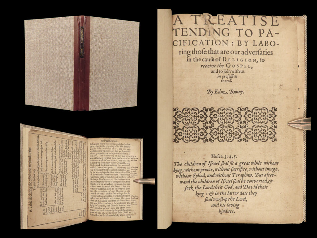1585 english calvinism edmund bunny christian exercise bible pacification london | edmund bunny was a 16<sup>th</sup>-century english calvinist who wrote numerous theological works – works on the history of christianity, prayers and devotionals, the life of king david, and even an abridgement of john calvin’s “<em>institutions</em>”. One of his most widely read works was his “<em>booke of christian exercise</em>” which was bunny’s notes and edits of robert parsons’, a jesuit, devotional. The final portion of that book was bunny’s “<em>treatise tending to pacification</em>” – a short survey into peace which comes from jesus christ.