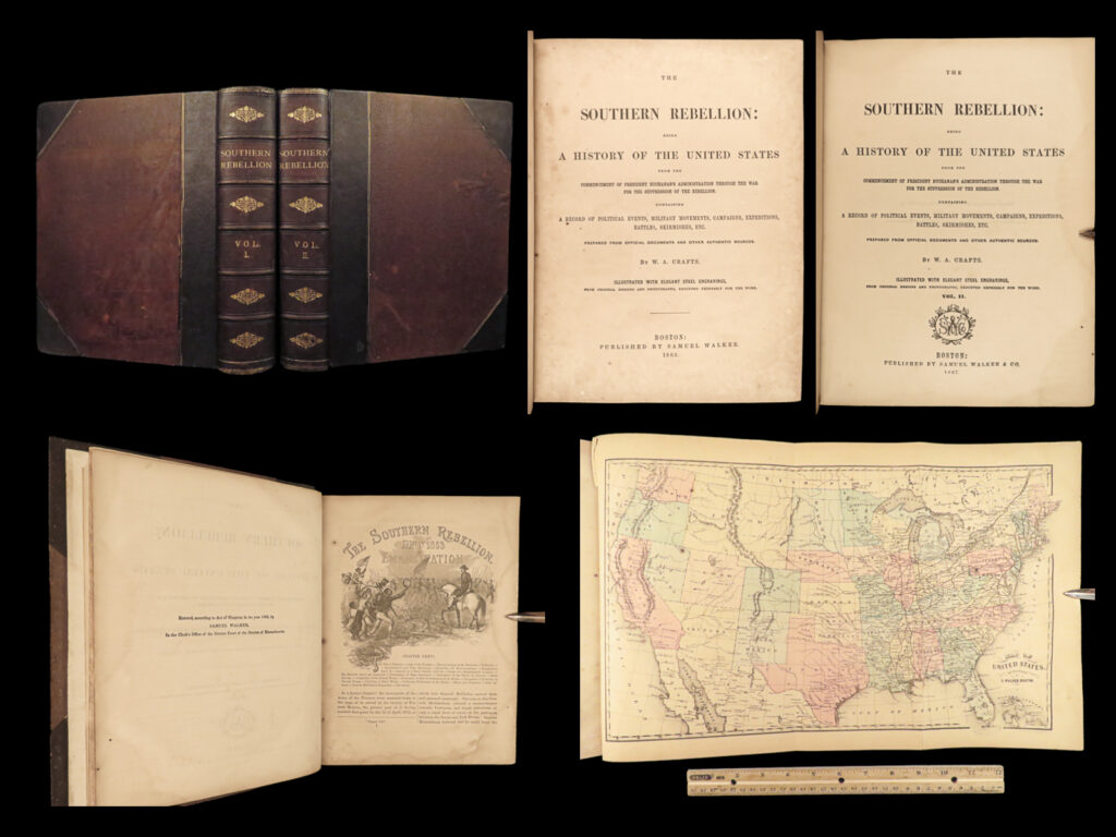 1863 southern rebellion civil war confederate slavery battles maps dred scott 2v | “<em>the southern rebellion</em>” by william augustus crafts is a comprehensive account of the political and military history of the united states focusing on the onset of president buchanan’s administration through the civil war. Drawing upon official documents and authentic sources, the book traces the deep-seated roots of the rebellion, highlighting the long-standing determination of some factions to establish a southern confederacy, a goal rooted largely in protecting the socio-economic interests of the southern aristocracy which was grounded in slavery.   while charting key political discourses and military events, including notable battles such as the bombardment on fort sumter and policies like the dred scott decision, the work underscores the complex dynamics between the north and the south, chronicling how tensions over slavery and state rights escalated over years, finally culminating in the civil war. <strong>profusely illustrated with nearly 50 steel engravings derived from original designs and photographs</strong>, the book is not just a historical record but a visual document that brings the era to life, offering readers a nuanced understanding of a tumultuous period in american history.