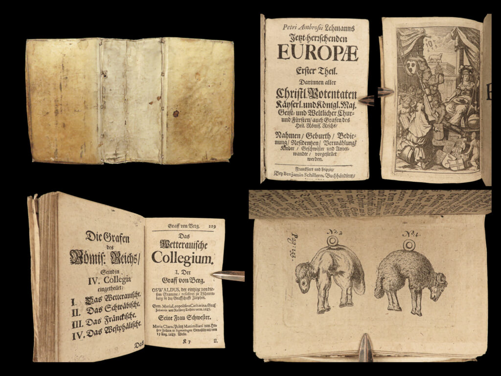 1702 german lehmann european rulers rome lombardy papacy monaco coats of arms | peter lehmann’s “<em>jetzt-herrschenden europæ</em>” is a rare 18<sup>th</sup>-century history of european monarchs, nobles, royals, and church fathers. Published in frankfurt and leipzig, this work describes the lives and careers of numerous european historical leaders including much attention given to rome, lombardy, the papacy, monaco, and many others. In fact, this book features hundreds and hundreds of short biographies throughout. Perhaps, though, the most important aspect of this work is the numerous full-page engravings filled with figures of royal arms.