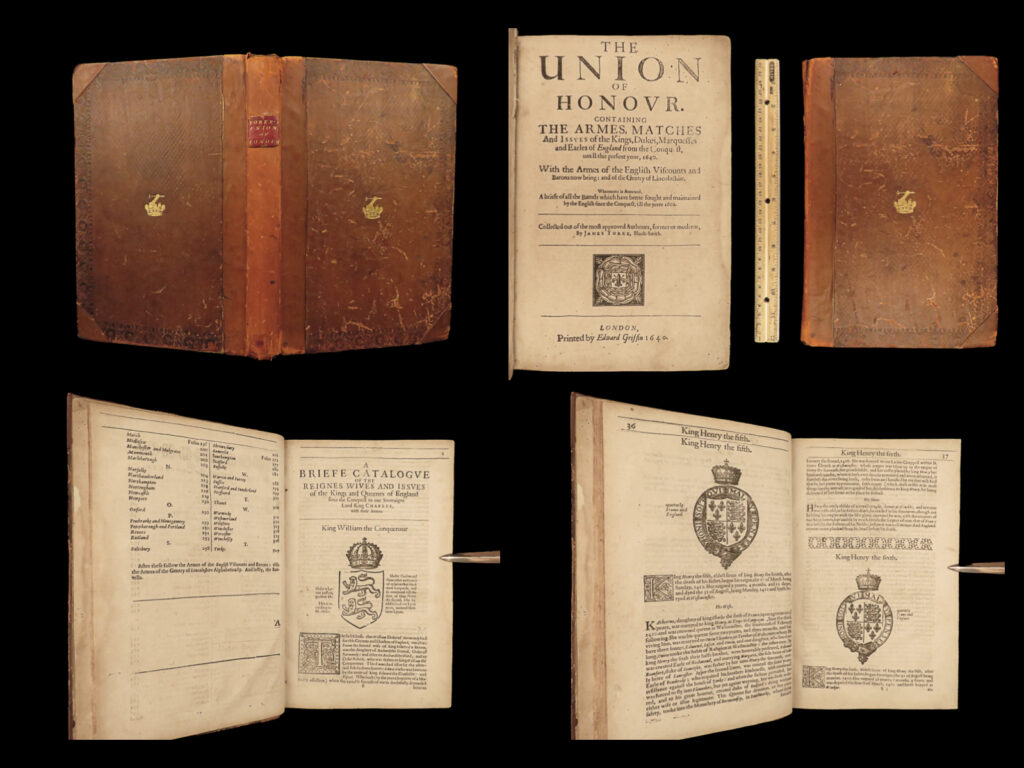 1640 english heraldry 1ed union of honour james yorke illustrated coat of arms | an absolutely fascinating collection of english royal histories by james yorke, who provides a chronological look of battles, royal reigns, and family lineages. This work features over 300 individual and distinct royal arms and family crests from all over britain organized alphabetically by city. Lowndes says of this work, “a curious volume, compiled from the works of milles, brooke, and vincent, with woodcuts of the armorial bearings. ”  