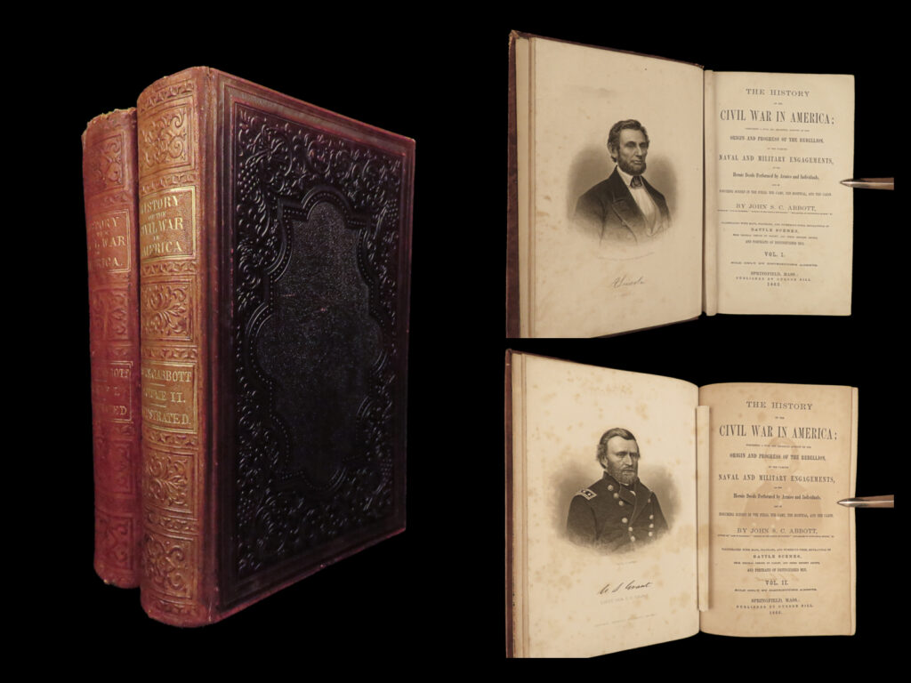 1863 us civil war 1ed slavery lincoln grant lee union confederate 2v maps battle | a scarce first edition of john stevens cabot abbott’s two-volume historical biography entitled, ‘<em>the history of the civil war in america</em>. ’ abbott’s account of the civil war and was written and published during the war and it would have been read as news rather than history. Though well researched, abbott utilizes a colorful narrative style thus providing a work that reads like that of a “popular” account versus the standard academic, sober, and authoritative approach. Accompanied by a myriad of illustrations of maps, diagrams, portraits, and battle scenes this work details the events leading up to the war, the eventual assassination of president lincoln in april of 1865, and closes with the final chapter describing the results of the conflict as of the date of publication.