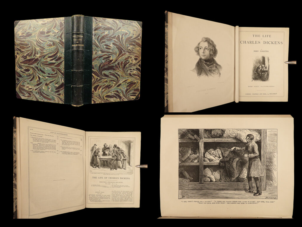 1872 life of charles dickens 1st/1st a christmas carol oliver twist illustrated | “<em>the life of charles dickens</em>” is a detailed biography authored by john forster, a close friend and advisor to dickens since 1836, offering an intimate look into the life and career of the renowned victorian novelist and social critic. Meticulously constructed, the book reflects the deep personal connection between the author and dickens, who had entrusted forster with manuscripts and appointed him as a co-executor of his will, signifying a relationship built on trust and mutual respect.   the biography, initially released as a single volume in 1872 and later expanded to include up to six volumes, features <strong>40 captivating engravings</strong>, weaving together a rich tapestry of dickens’s vibrant life that spanned an extensive literary career with acclaimed serial publications known for their cliffhanger endings, and fervent advocacy for social reforms. Not only does the work portray dickens as a literary maestro who revolutionized narrative fiction with his serialized novels, but it also paints a picture of a man deeply committed to societal betterment, underlining his relentless efforts to address poor social conditions through his art and personal influence.  