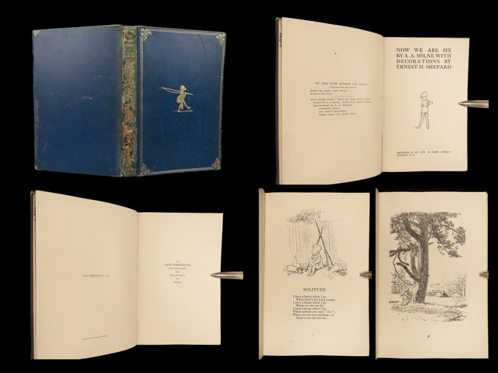 1927 rare 1st deluxe ed winnie the pooh milne now we are six illustrated poems | <em>“some people care too much. I think it's called love. ” </em> <em>― </em>a. A. Milne<em>, winnie-the-pooh</em>   a rare first edition of classic children’s stories from the<em> “winnie-the-pooh” </em>series by a. A. Milne. This book is the first printing of<em> “now we are six”. </em>a fine example of this famous piece of juvenile literature. <em> </em> <em>“now we are six” </em>is a collection of short children’s verses, beautifully illustrated. It includes some of the popular poems such as<em> ‘king john’s christmas’, ‘binker’, </em>and<em> ‘pinkle purr’. </em>   this 1927 first edition is the first deluxe issue published in blue binding with christopher robin and his fishing rod on the front cover.