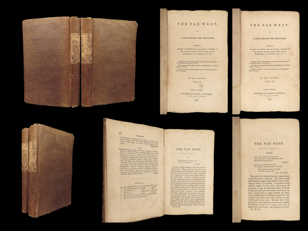 1838 pioneers 1ed far west western frontier exploration native american indians | “<em>the far west: or, a tour beyond the mountains</em>” by edmund flagg is an exhaustive two-volume account of the author’s extensive explorations through missouri and illinois during the 19th century. Flagg, a writer, lawyer, and diplomat, presents a tapestry of western life, detailing the stunning landscapes of prairies and rivers, the mysteries of ancient mounds, and the early settlements of the french. Initially, his experiences and observations were written as travelogue sketches and shared with the readers of the louisville journal. After receiving positive responses and due to the urging of friends, flagg decided to compile, revise, and expand these sketches into this comprehensive work. His fascinating book showcases his indebtedness to previous authors who had written about the west, and it serves as a significant contribution to the literature of western americana.