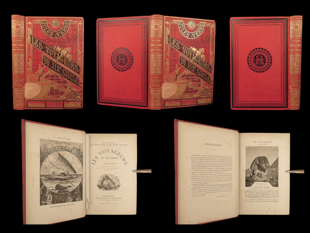 1885 jules verne famous 19thc explorers pike franklin parry maps french hetzel | <em>“reality provides us with facts so romantic that imagination itself could add nothing to them. ”</em> <em>― </em>jules verne <em> </em> jules verne’s adventure novels are some of the most popular and famous works of literature of all time. Known mostly for his works of science fiction, ‘<em>voyages extraordinaires’</em> was verne’s largest collection of fantasy novels and stories. Interestingly, because of the popularity in verne’s fictional voyages, he published an historical non-fiction book of voyages from the 19<sup>th</sup>-century. This work includes descriptions of the voyages of explorers including zebulun pike, john franklin, john ross, william parry, and many others!   <em>note on dating</em>: like many other verne first editions, the title page included was issued in each edition, including later printings. This particular 1885 edition was published by hetzel, in the same format as the original 1881 first printing. Note the ads in this volume advertise for the releases in the 1886 print year.  