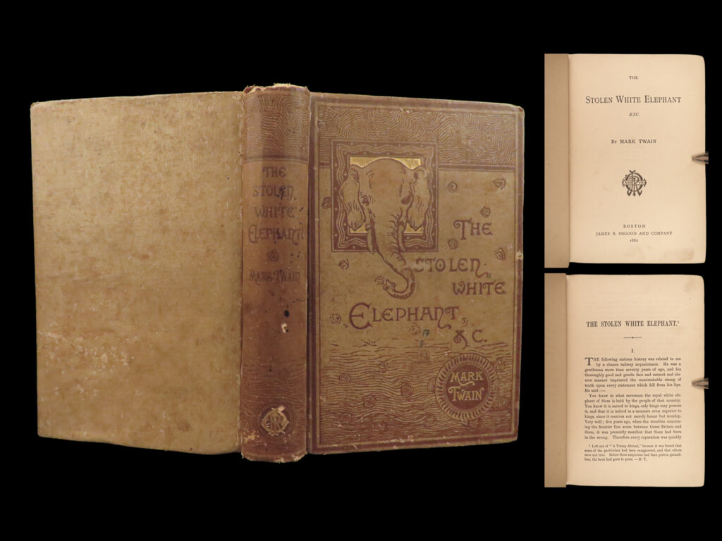 1882 mark twain 1st/1st stolen white elephant detective mystery punch brothers | “<em>the stolen white elephant, etc. </em>” by mark twain, is a collection of intriguing stories, with the titular tale centered around a detective mystery involving a siamese white elephant meant as a gift for the queen of britain. This elephant mysteriously vanishes in new jersey, leading the local police on a wild chase to uncover its whereabouts. The anthology contains a medley of other stories, some of which had earlier appeared in “punch brothers punch” from 1878, with certain additions and omissions. The collection includes tales that reflect twain’s unique wit and observations, ranging from reflections on lying to satirical commentaries on literature and societal norms.