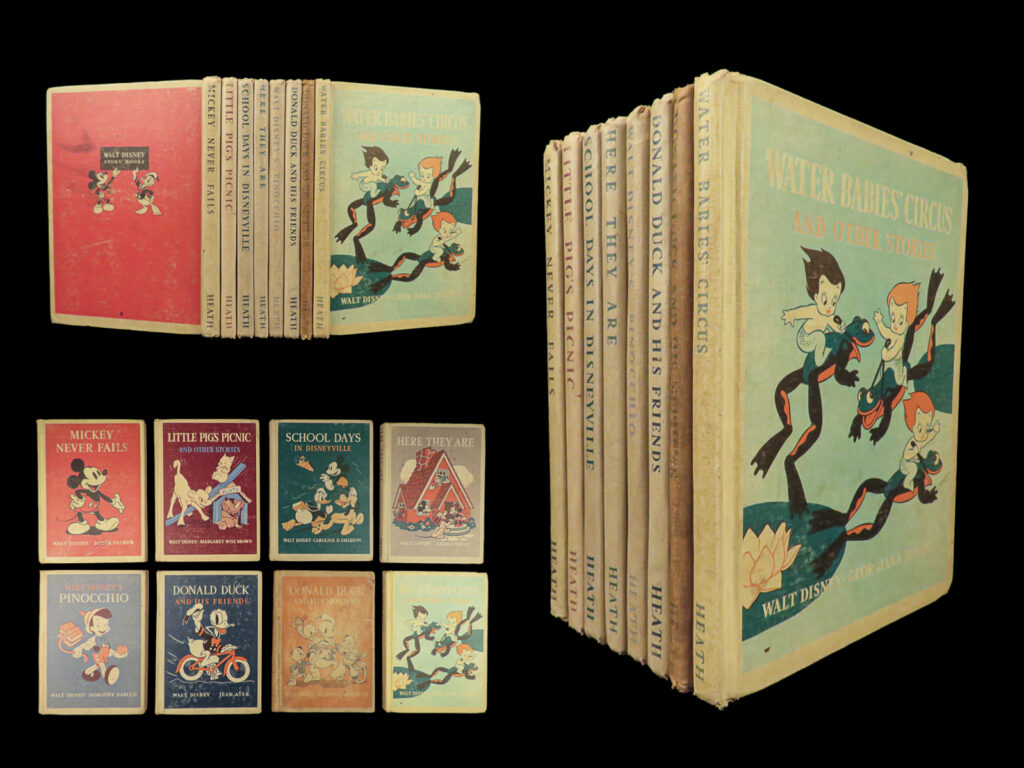 1939 disney 1ed books mickey mouse donald duck pinocchio dumbo 8v heath | “<em>that’s the real trouble with the world. Too many people grow up</em>. ” – walt disney   mickey mouse has long been one of the world’s most iconic and recognized cartoon characters. From the imagination of walt disney, mickey and minnie mouse have captured the attention and hearts of both children and adults for nearly a century.   this lot of disney books includes some of the most famous characters mickey and donald duck!