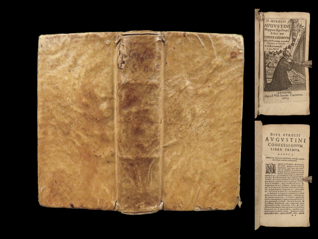1665 saint augustine confessions catholic doctrine predestination bible theology |   augustine of hippo was a 5<sup>th</sup>-century early christian church philosopher and theologian. While most known for his work ‘<em>city of god’</em>, he also wrote many other treatises on aspects of the christian faith. His stance on free will vs. Predestination and fatalism was supported by and still is supported by, the catholic church, as his teachings on free will are consistent with modern doctrine.   one of augustine’s most important works was ‘<em>confessions’</em> – collection of shorter treatises that were autobiographical in nature. In fact, because of this, it is often considered <strong><u>the very first western autobiography ever written</u></strong>.   henricus sommalius was a 16<sup>th</sup>-century jesuit writer who was notable for editing a number of important medieval works of eminent church fathers including albert magnus, thomas a kempis, and saint augustine. This 1665 edition was published in lyon.