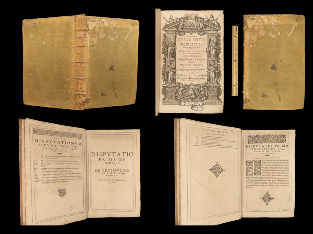 1619 huge folio spanish gregory of valencia aristotle bible theology philosophy | gregory of valencia was a 16<sup>th</sup>-century spanish scholar known for his commentaries on theological humanism. This volume from the 1619 cardon edition includes some of the following: <ul> <li>commentary on aristotelian philosophies</li> <li>on catholic doctrine and consciousness</li> <li>faith controversies</li> </ul>   it should be noted, that while the works of valencia are quite rare in themselves, this particular edition is quite rare and desirable! This huge folio is an impressive leather-bound tome – quite the display!