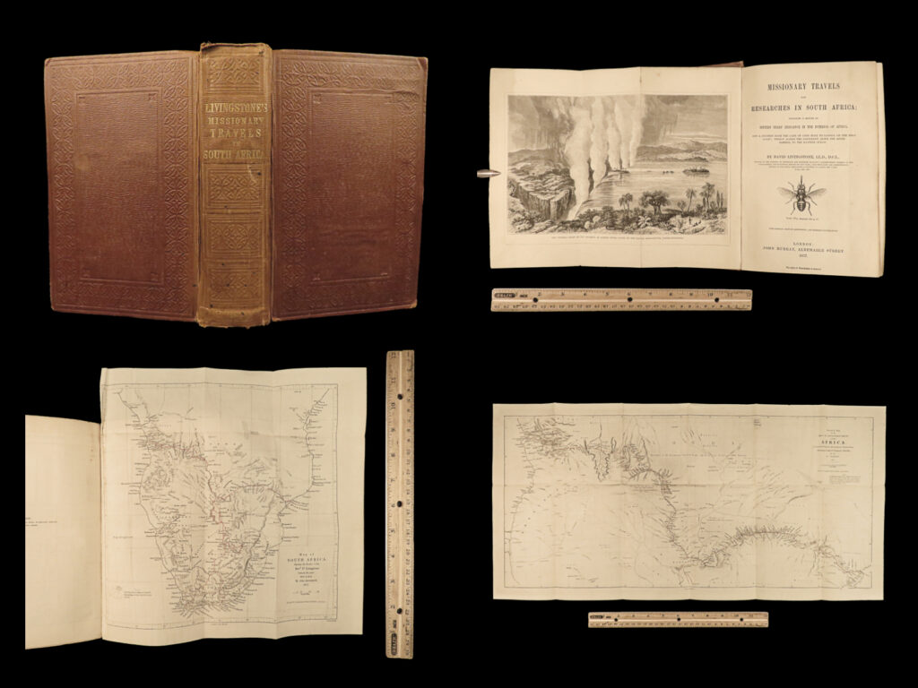 1857 africa 1st ed david livingstone missionary travels illustrated map angola | <em>“if you have men who will only come if they know there is a good road, i don't want them. I want men who will come if there is no road at all. ” </em> ― david livingstone <em> </em> an incredibly rare first edition of david livingstone’s “<em>missionary travels</em>. ” in this book livingstone describes his travel and work as a missionary to the indigenous people in central and south africa. Through the mid-19<sup>th</sup>-century, south africa was complete unknown to europeans, so livingstone’s mission brought light to more than just spreading the gospel. The work deals with customs, languages, animal and plant biology, geology, topography, and mineralogy. “the geographical results of his journeys were of supreme importance and made it possible to fill in great stretches of the maps of central africa which hitherto had been blank” (pmm 341). <em> </em> livingstone discovered the zambesi river and victoria falls (which he named), parts of angola, and mozambique; met with and observed the hottentot. This book includes the large folding map of southern africa, with his journey outlined.   he was also able to discover some of the most devastating instances of slave trade, which propelled his abolitionist ideals.
