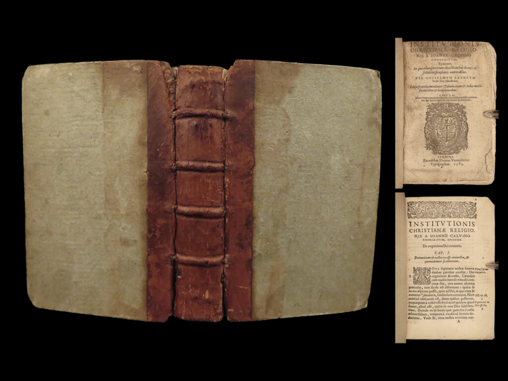 1584 john calvin institutes of christian religion geneva bible catechism famous | <em>“we should ask god to increase our hope when it is small, awaken it when it is dormant, confirm it when it is wavering, strengthen it when it is weak, and raise it up when it is overthrown. ” </em> ― john calvin   a rare, 16<sup>th</sup>-century latin translation of john calvin’s “<em>institutio christianae relgionis</em>”, or “<em>institutes of the christian religion</em>. ” it is still widely read and considered highly influential in western world christianity. At its core, “institutes” was intended to provide christians inspiration in their living as well as being an introductory work to those new to the faith. It attacked those who opposed calvin’s teachings, most notably roman catholicism.   “<em>institutes</em>” was immensely popular during the 16<sup>th</sup>-century and has since been held in the same respect as augustine’s “<em>city of god</em>,” aquinas’s “<em>summa theologica,”</em> melanchthon’s “<em>loci communes</em>” and other important christian doctrines.   this 1584 edition of calvin was published in london by vautrollier.  