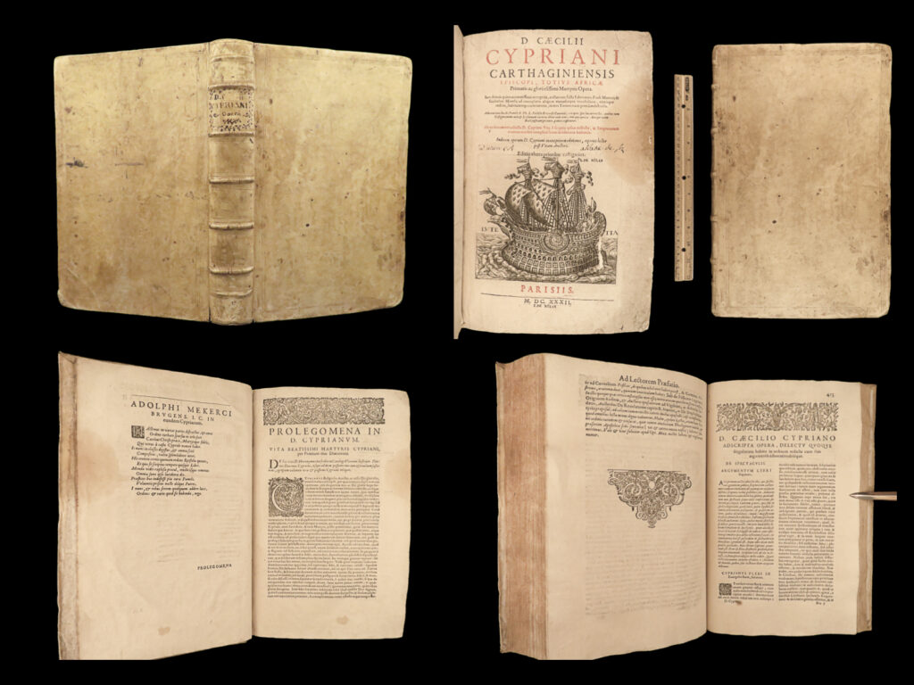 1632 saint cyprian 1ed bishop of carthage early christian martyr manutius folio | <em>“it is a persistent evil to persecute a man who belongs to the grace of god. It is a calamity without remedy to hate the happy. ” </em> ― cyprian   cyprian was an early church bishop of carthage from the 3<sup>rd</sup>-century. Cyprian was the first to write about the primacy of the pope as it was set out in “the unity of the catholic church”. Most of his writings surround pastoral ministry, addressing many of the issues with the roman government. He also determined prayer to be “the only refuge of the christian”.   this 1632 first edition of the works of st. Cyprian includes the annotated commentary of jacobus pamelius. It was collected and edited by william morel and paolo manuzio, an exceedingly rare and desirable huge vellum-bound folio!