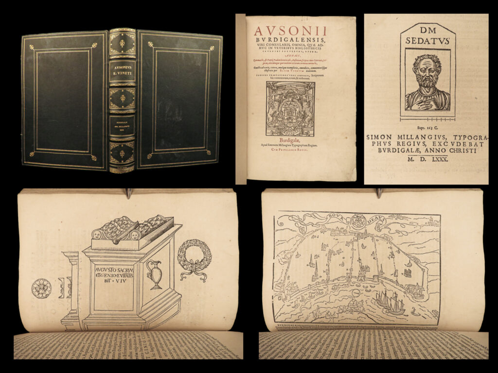 1580 rare ausonius ancient roman poetry homer iliad bordeaux map wine art | decimus magnus ausonius was a 4<sup>th</sup>-century roman poet who is best known for his poem ‘<em>mosella’</em> – a description of the french river the moselle. This edition of the works of ausonius was published in bordeaux in 1580 and includes his most important works such as ‘<em>epigrams’</em>, ‘<em>edyllium’</em>, and ‘<em>periochae’</em> – a prose summary of homer’s iliad and odyssey. Ausonius’s works provide an account of what daily life was like in ancient rome. This edition was collected and edited by elie vinet.
